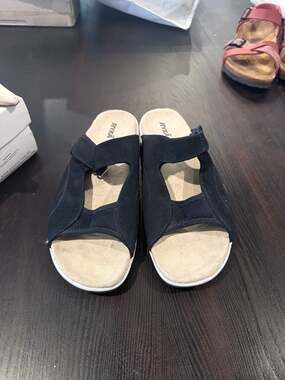 Ryka Soothe Navy Blue Suede Double Strap Slide Sandals adjustable size 10 eur 42